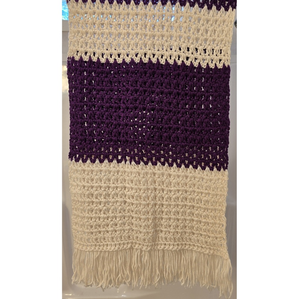 Hand Crocheted Purple and Cream Striped Fringe Blanket 64"x17"